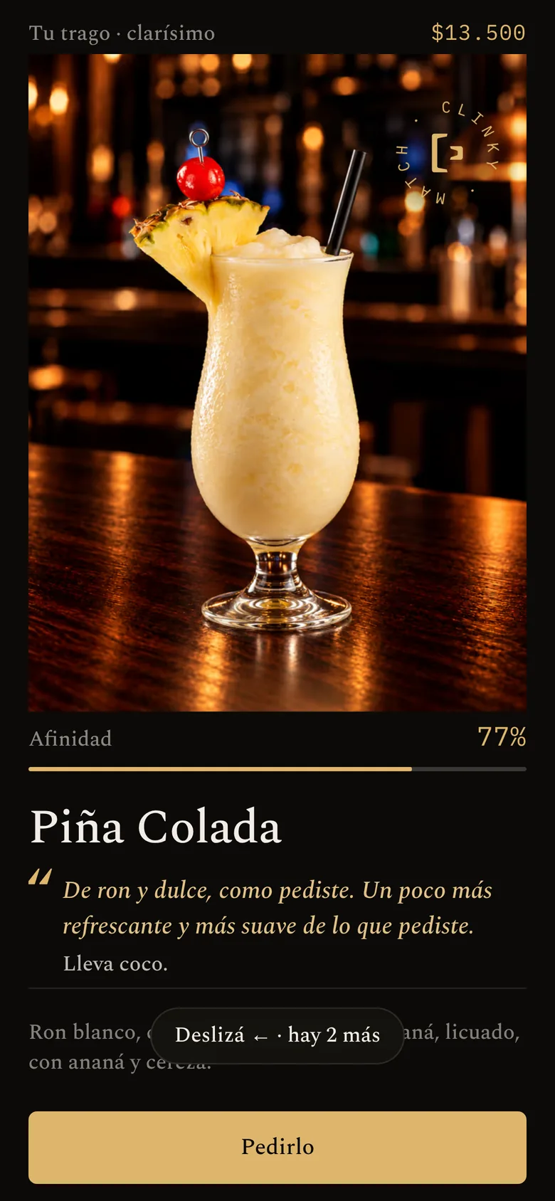 El match de Clinky: una Piña Colada con 77 % de afinidad y la explicación de por qué