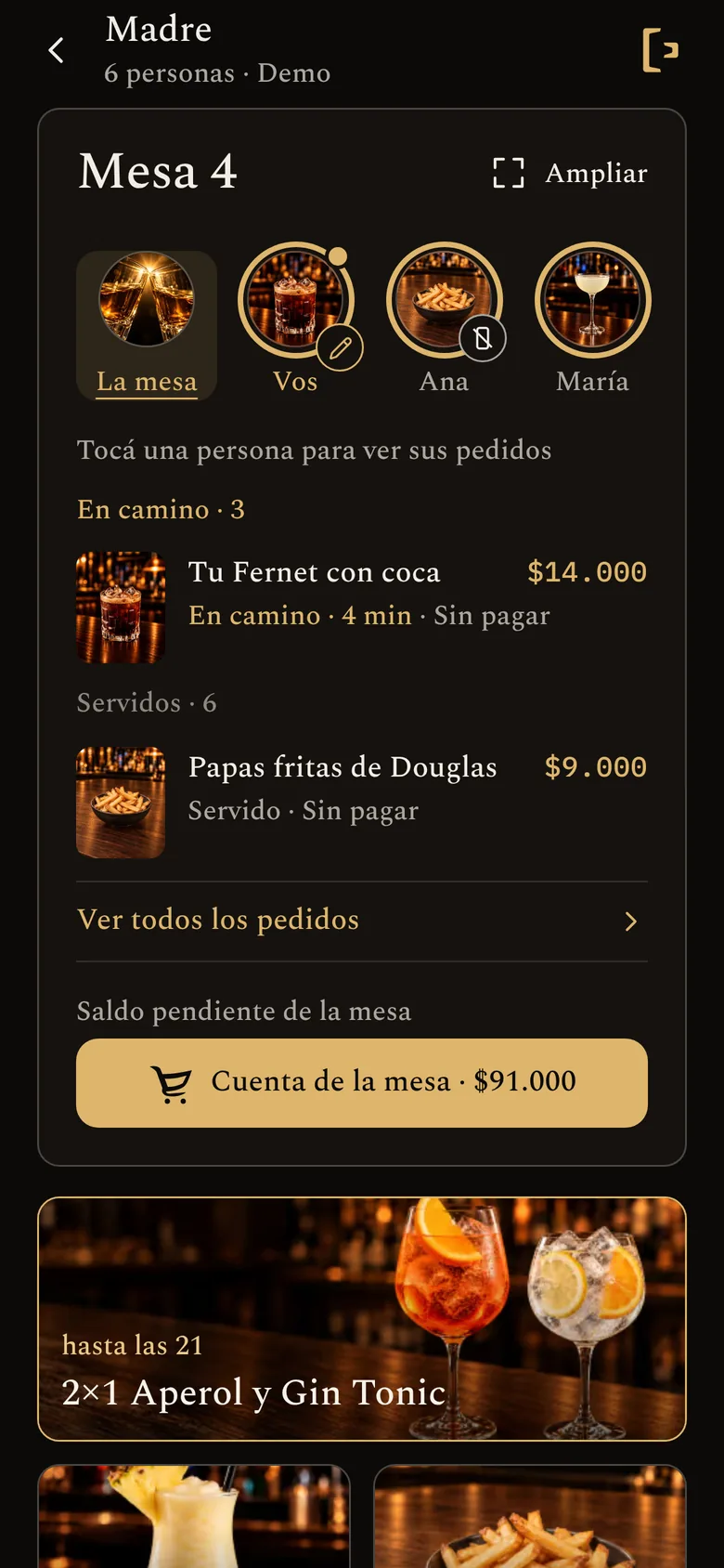 La mesa 4 de Madre: lo que pidió cada uno, en camino y servido.